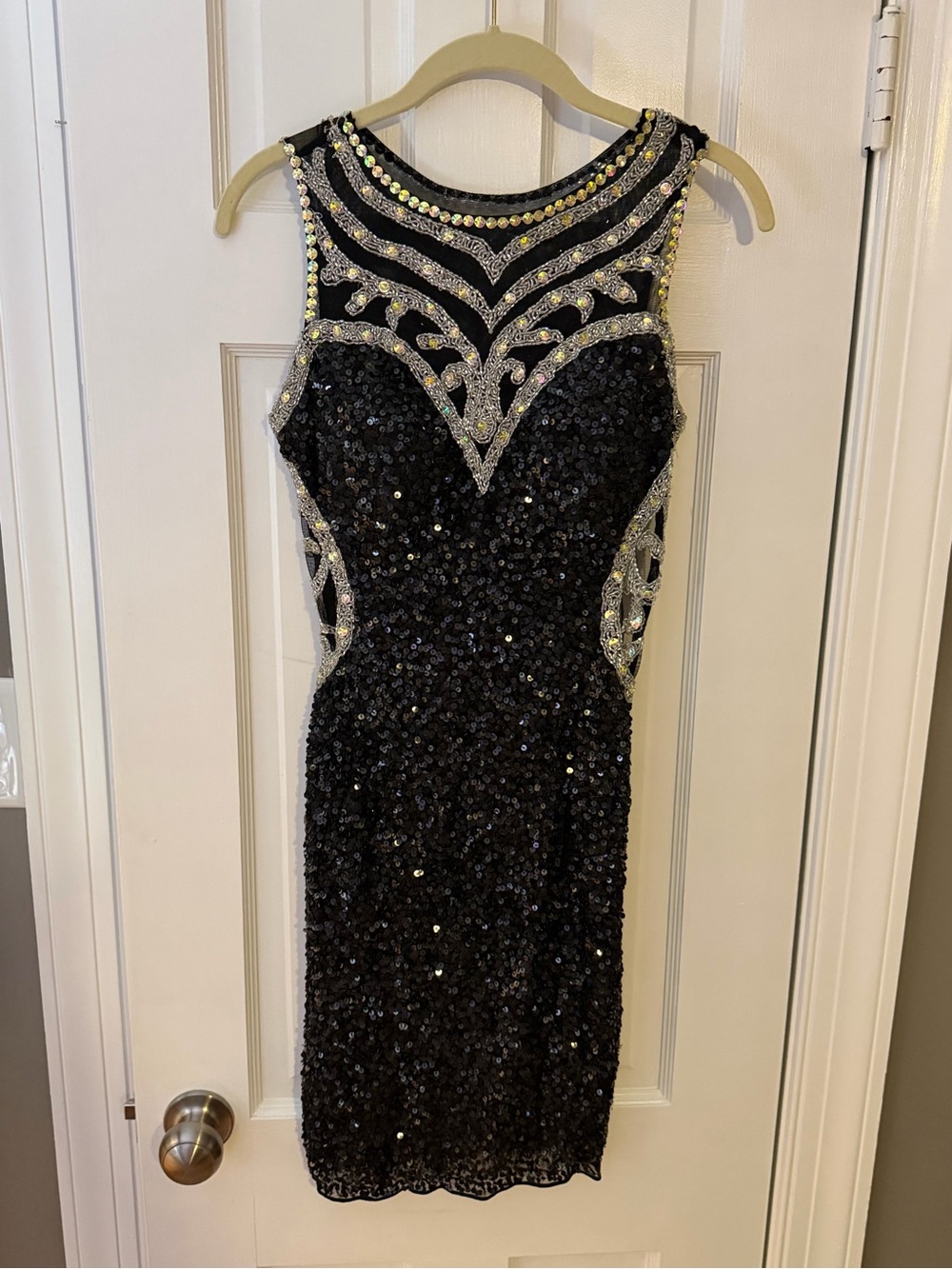 Primavera Couture Black Sequin Sheath Dress with Silver Accents